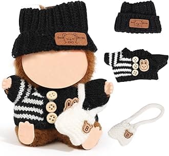 Clothes for Labubu(NO Doll), 3 Pcs Set Hat Clothes Backpack for Standing/Sitting LABUBU or Any 17cm/6.7inch Doll (Black Hat/Black Clothes/White Bag)