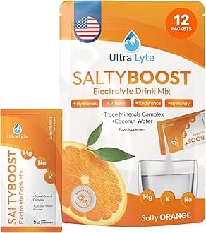 Ultra Lyte Electrolytes Drink Mix Sachets - Sugar-Free Electrolytes Powder with High Sodium, Trace Minerals and Coconut Water - Rehydration for Fitness (12 Sachets, Salty Orange)