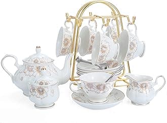 CHENP.HMC Tea Set 22-Piece Porcelain Ceramic Coffee Tea Gift Sets Cups Saucer Service for 6 Teapot Sugar Bowl Creamer Pitcher and Teaspoons (Chrysanthemum)