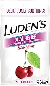 Luden's Dual Relief Cough Drops, Wild Cherry, Deliciously Soothing Lozenges with Menthol for Minor Everyday Throat Irritation, 25 Count