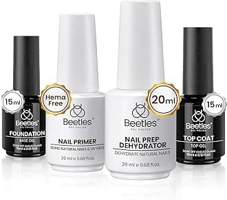 Beetles 4 Pcs 15ml Base Gel and Top Coat Kit with 20ml Nail Dehydrator and Primer, Professional Nail Prep Acid-Free & Hema-Free Dehydrate Bond Primer Set for Acrylic Manicure Gift for Women
