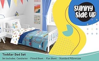 On The Go Toddler Comforter Set - 4 Piece Preschool Bedding Includes Comforter, Sheets & Pillow Cover - Super Soft Vehicles Microfiber Bed Set