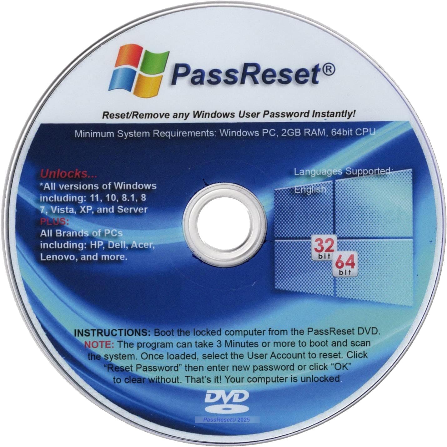 Password Reset Recovery Disk for Windows 11 ,10 ,8.1 ,7 ,Vista , XP, Server Compatible with all brands of PC Laptops and Desktops