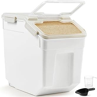 Rice Container 25kg - Airtight Rice Storage Container with Measuring Cup & Rice Shovel - Rice Barrel Dispenser-Moisture Proof Kitchen Organiser for Cereals,Pulses&Pet Food- Grey, Plastic