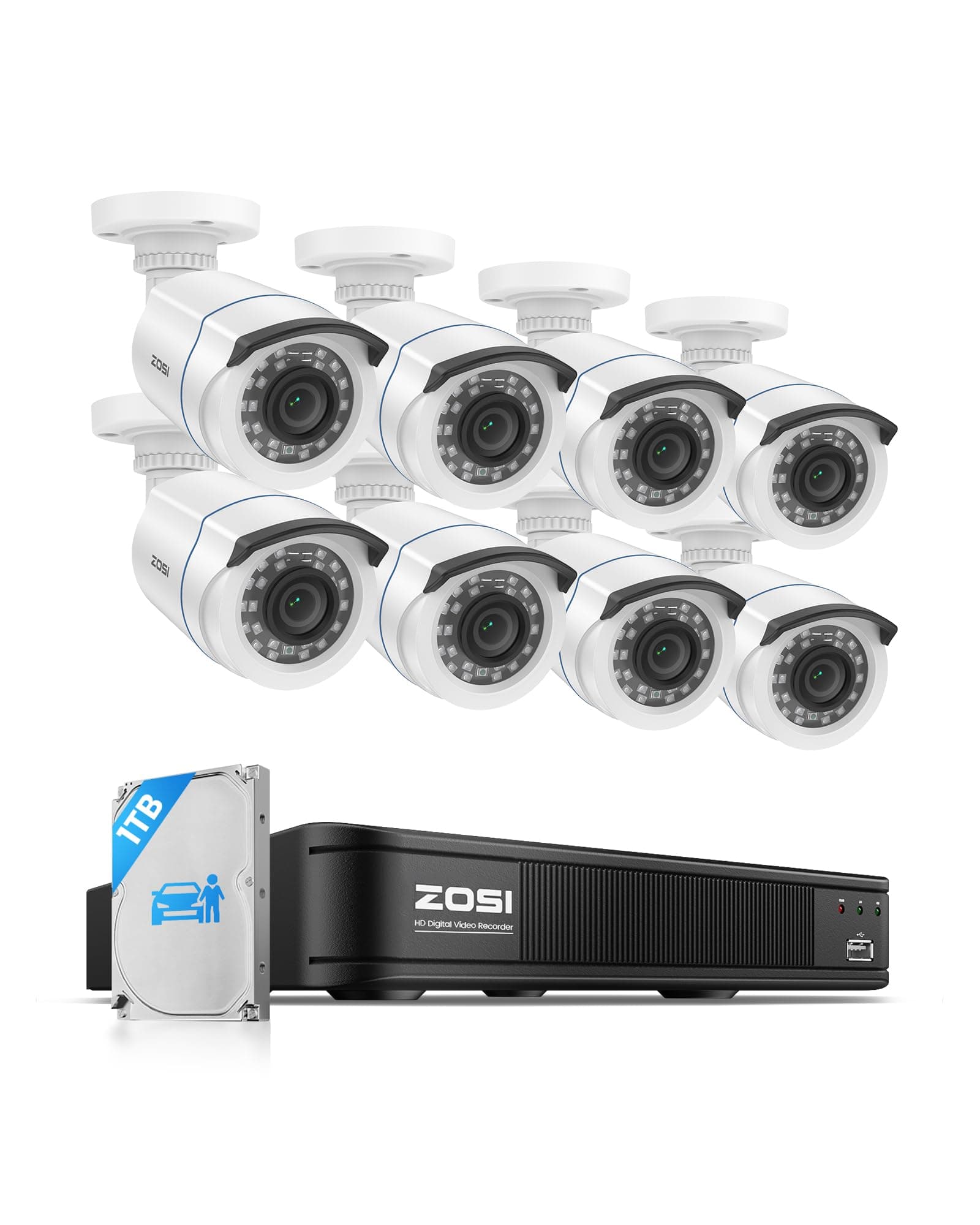 H.265+ Home Security Camera System with AI Human Vehicle Detection, 5MP 3K Lite 8 Channel CCTV DVR Recorder and 8 x 1080p Weatherproof Bullet Camera Outdoor Indoor, 80ft Night Vision, 1TB HDD