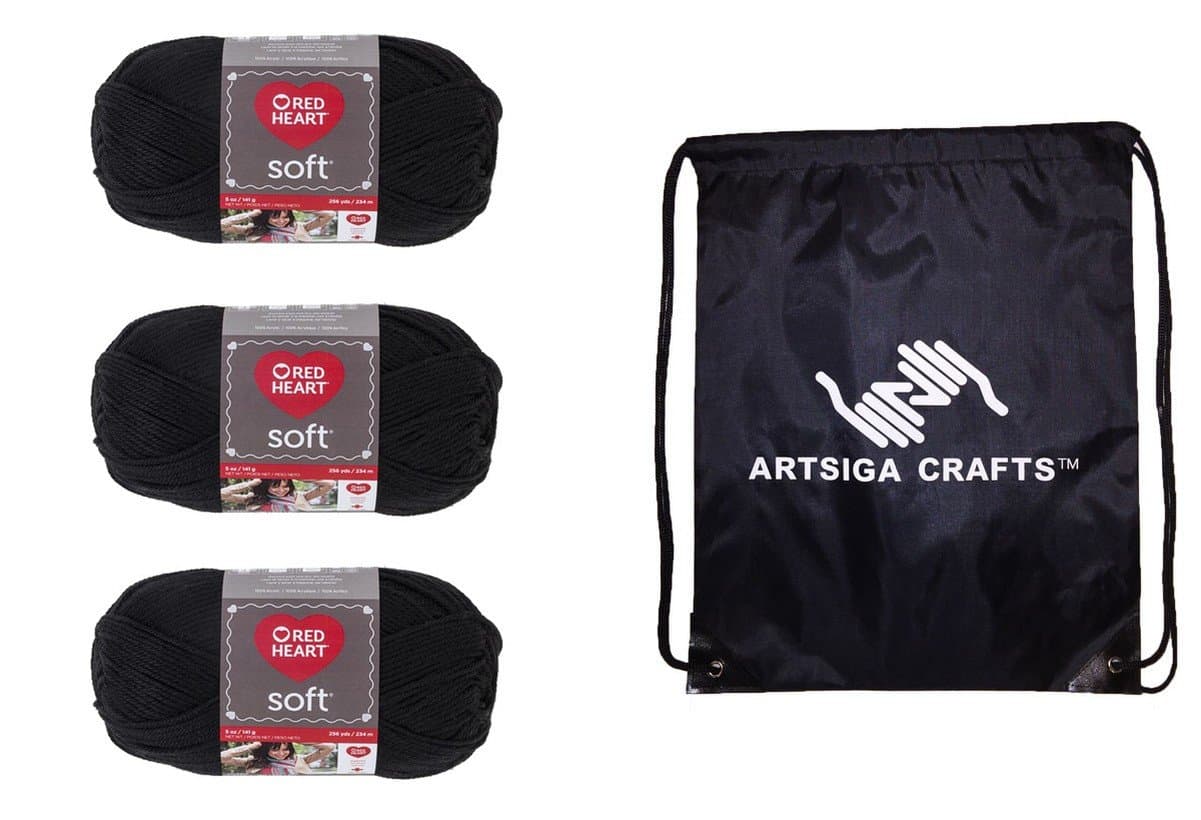 Red Heart Soft Black E728-4614 (3-Skeins - Same Dye Lot) Worsted Medium #4 Acrylic Yarn for Crocheting and Knitting - Bundle with 1 Artsiga Crafts Project Bag