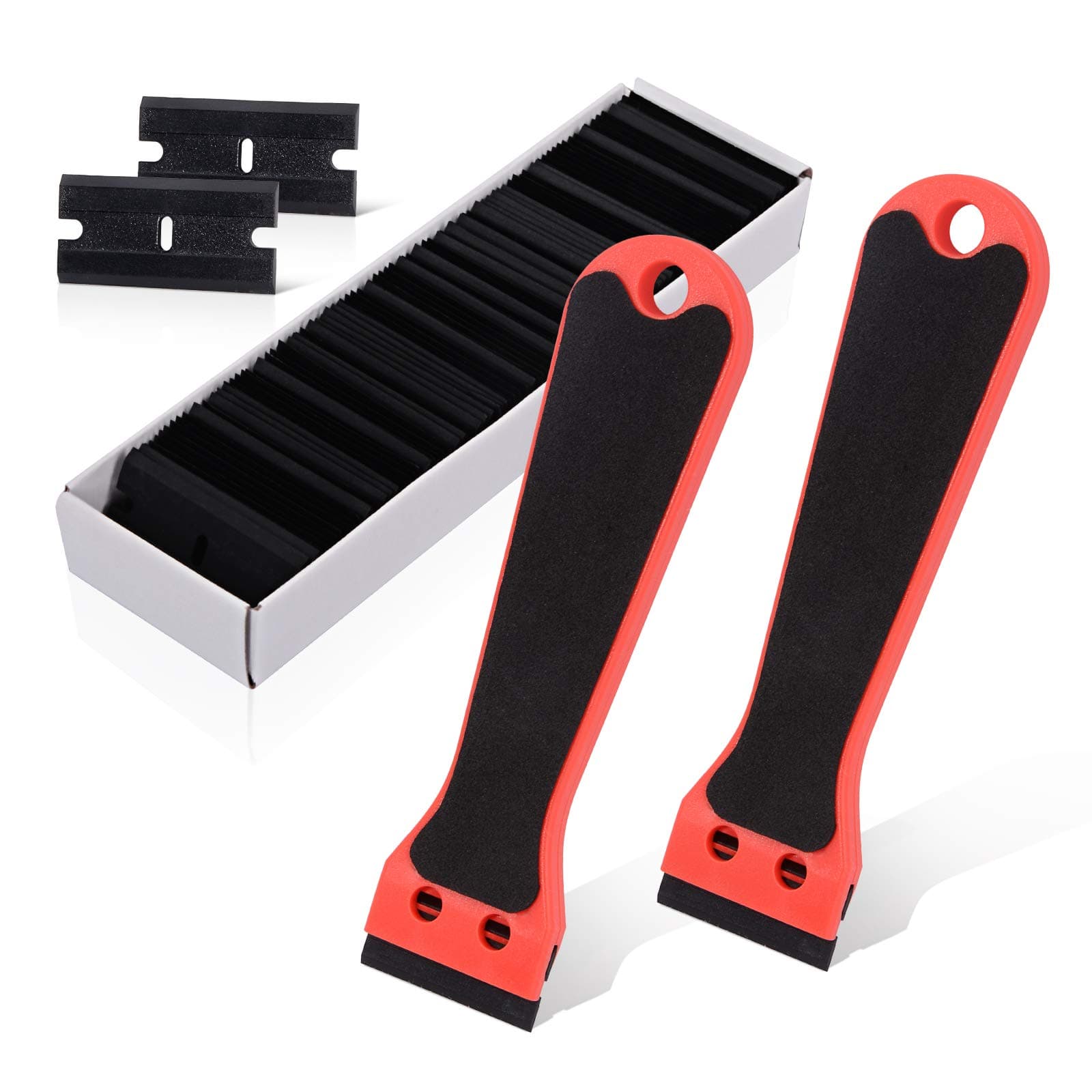 EHDIS 2pcs Plastic Razor Scraper 6-inch Long Handle Adhesive Remover Tool with 100 Double-Edge Blades for Window Tint Vinyl Scraper Decal Sticker Glue Remover (Red)
