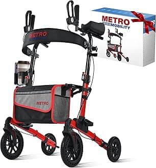 Metro MobilityRollator Walker with Seat for Seniors, Foldable Lightweight Rolling Walker, 10" Big Front Shock-Absorbing Honeycomb Wheels for All Terrain, 300 lb. Weight Capacity, Red