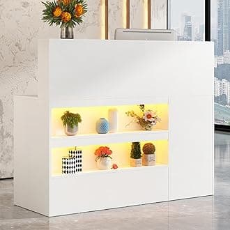 55" Reception Desk with LED Lights Power Outlets,L-Shaped Modern Front Table Reception Room Table with Cable Grommet,Lockable Drawers,Retail Checkout Counter for Lobby,Salon,Home Office Desk,White
