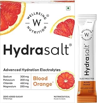 Wellbeing Nutrition HydraSalt Electrolyte Drink with Zero Added Sugar | 5 Electrolytes & 3 Vitamins for Instant Hydration, Energy, Performance & Recovery, Blood Orange Flavor 90g, Pack of 15