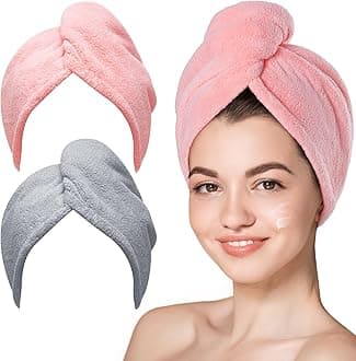 Hicober Microfiber Hair Towel, 2Packs Hair Turbans for Wet Hair, Drying Hair Wrap Towels for Curly Hair Women Anti Frizz(Pink,Grey)