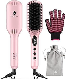 MiroPure 2-In 1 Ionic Hair Straightener Brush Mch Heating Hair Straightening Irons With Free Heat Resistant Glove And Temperature Lock Function (Golden Pink)