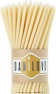 Danilovo Thin Taper Beeswax Candles - Honey-Scented, Decorative Candles Ideal for Birthday Decoration or Church Prayers - White Drip Free, Tall & Smokeless Pack of 50 pcs, 6.4 x 0.22 inch