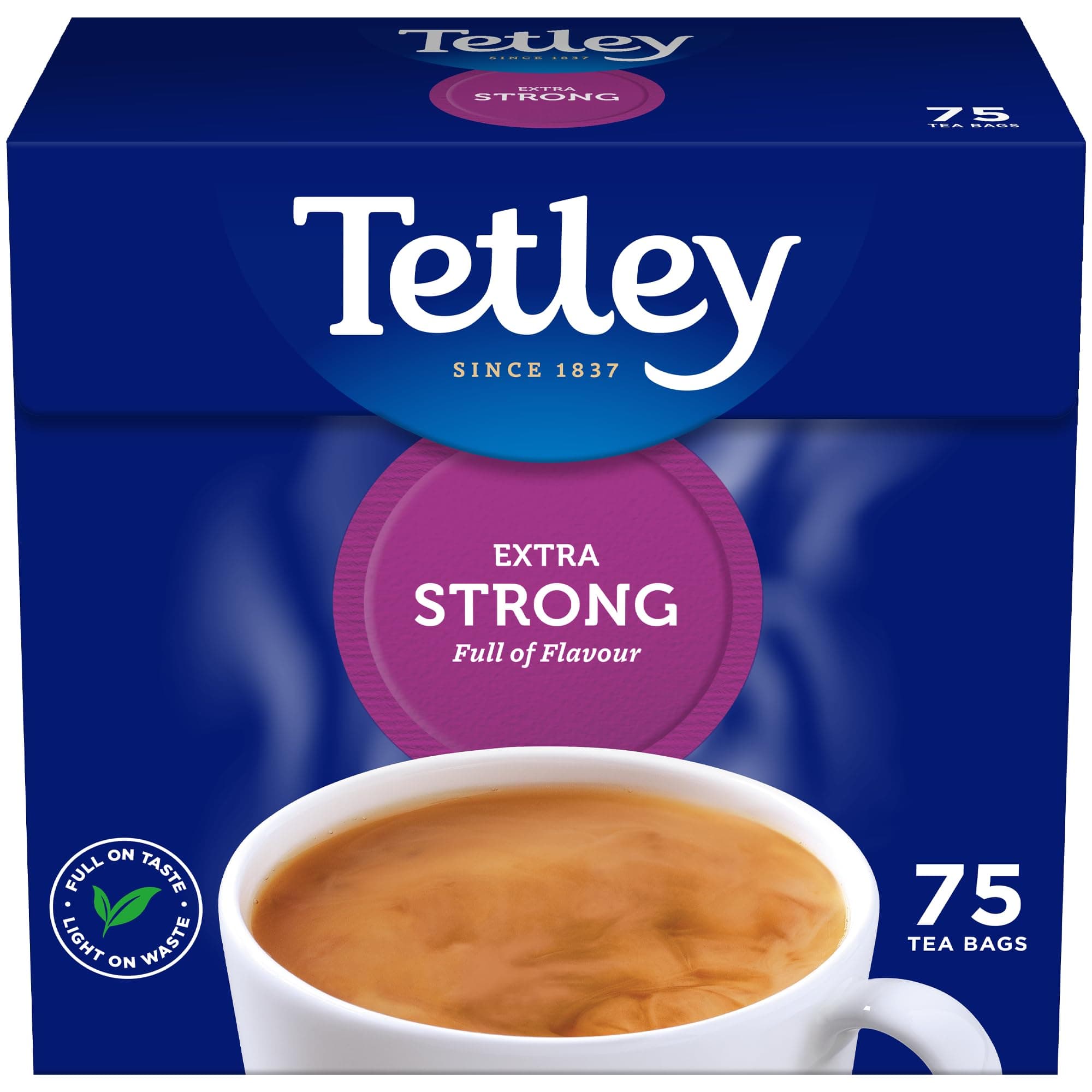 Tetley Extra Strong Black Tea Bags - Deep, Rich & Invigorating Flavour - Infused with Assam for Strength - Stronger Brew for Tea Lovers - Rainforest Alliance Certified - 75 Teabags (1 Pack)