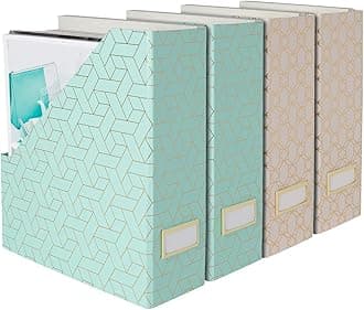 BLU MONACO Set of 4 Foldable Cute Magazine File Holders with Gold Label Holders - 2 Pink and 2 Aqua with Fun Gold Geometric Patterns - Stylish and Durable Magazine Storage for Home and Office
