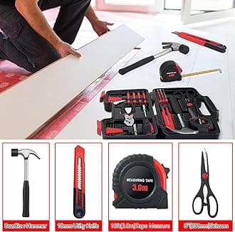 58 Piece Household Tool Set, General Household Hand Tool Kit with Plastic Toolbox Storage Case, All Purpose Household Tool Kit for Home, Garage, Office and College Dormitory Use, Red