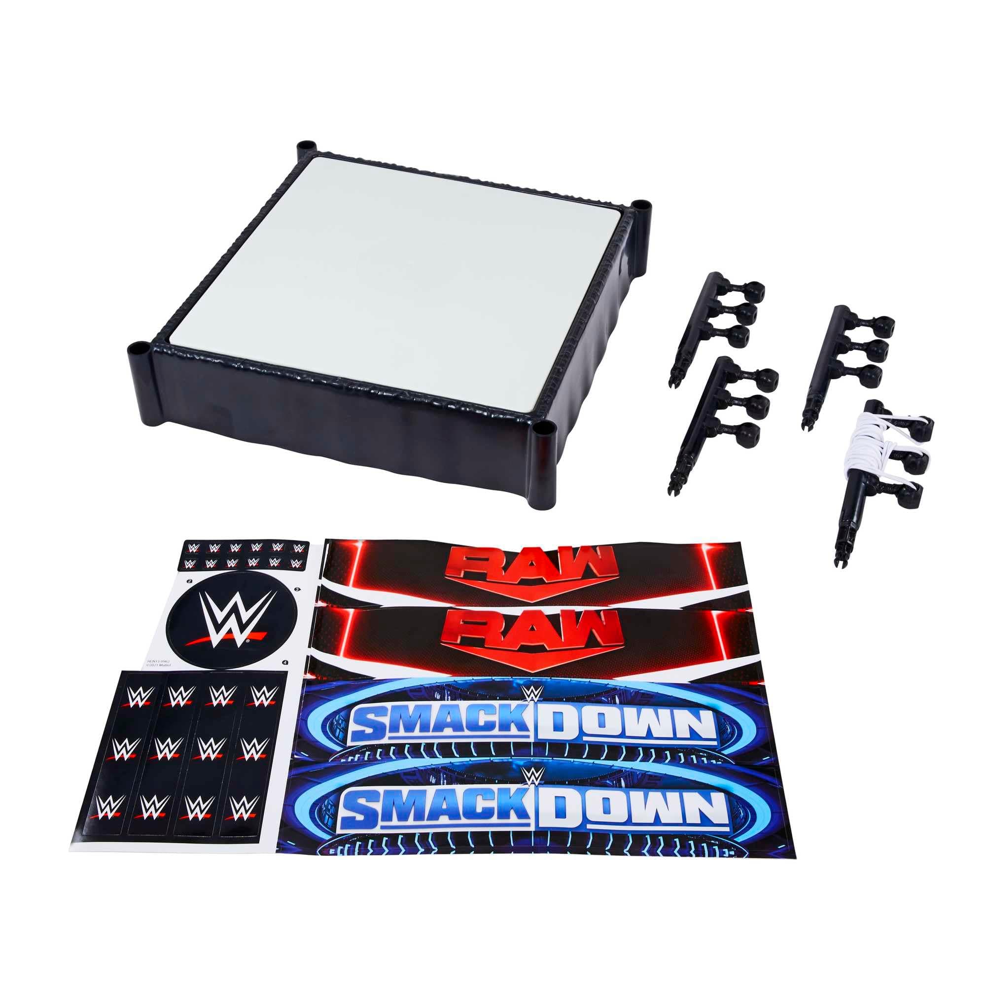 Superstar Ring, 14 inches with Spring-Loaded Mat, 4 Event Apron Stickers & Pro-Tension Ropes for WWE Action Figures, HLN13