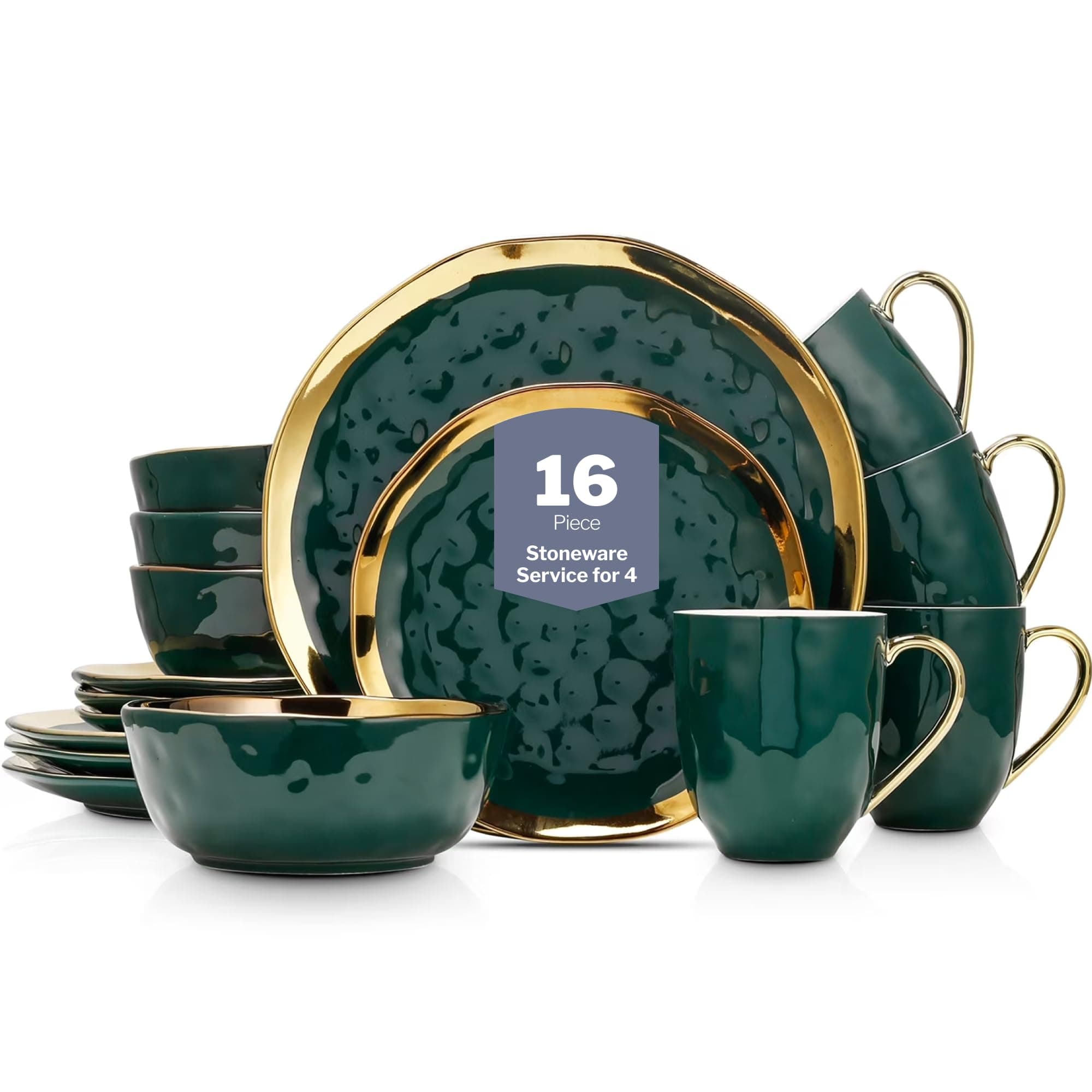 Stone Lain Florian Modern Porcelain 16 Piece Dinnerware Set, Plates and Bowls Set, Dish set for 4, Green and Golden Rim