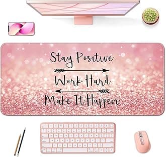 Desk Mat,Large Mouse Pad 35''×15.6'' XXL Extended Gaming Mouse Pad Mat with Non-Slip Base Stitched Eges Mousepad for Computer,Office,Keyboard and Laptop - Pink Stay Positive