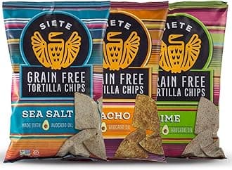 Grain Free Tortilla Chips, 3 Bag (5 Ounce Each) Sampler of Nacho, Lime, Sea Salt