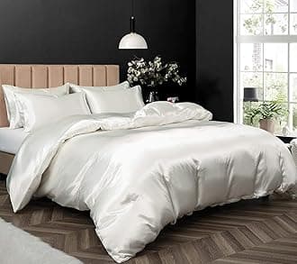 P Pothuiny Satin Duvet Cover Twin, Luxury Silky Like Ivory White Duvet 68" x 90" - Zipper Closure & Corner Ties