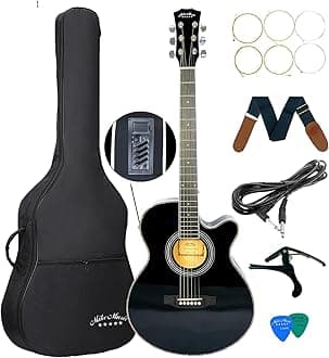 Mike Music 40"Size Acoustic Electric Slim Guitar w/ 4-Band Equalizer, Adjustable Truss Rod w/Gig Bag, Extra Strings, Picks, Belt, Cable,Capo Right Hand (black)
