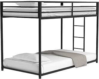 ROOMTEC Twin Over Twin Metal Bunk Bed Frame for Kids, Teens, and Adults, Floor Bed with 22 Metal Slats, Guardrail, Built-in Ladder, No Boxspring Required for Small Spaces, Black