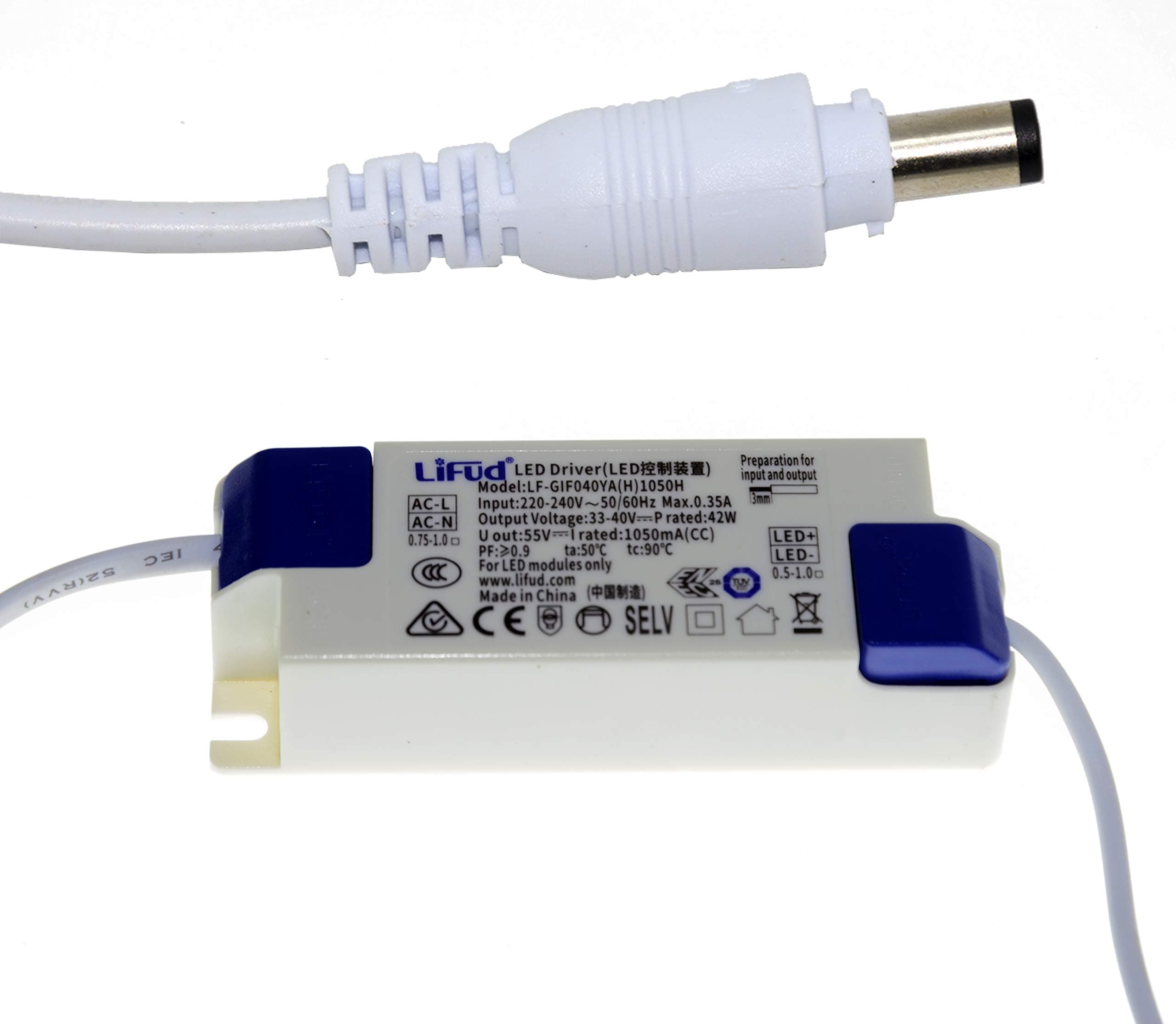 LiFud No Flicker 40W LED Light Driver 220-240V/DC 33-40V/950-1050ma ~50/60Hz Male Cap [Energy Class A+++]…