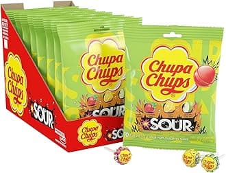 Chupa Sour Fruit Lollipop Assortment, 3 Sour Flavors, Individually Wrapped Candy for Kids, Box of Eight 4.2 OZ Bag (10 Suckers per Bag - 80 Total)
