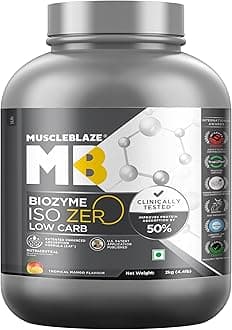 MuscleBlaze Biozyme Iso-Zero, Low Carb, Pure Whey Protein Isolate With Usa Patent-Published Enhanced Absorption Formula, 27 G Pure Isolate Whey Per Scoop (Tropical Mango, 2 Kg / 4.4 Lb)