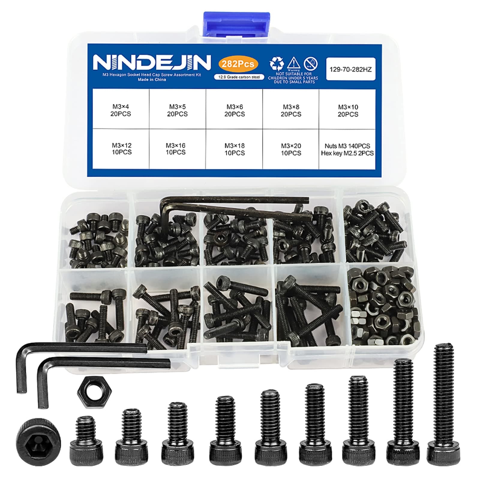 NINDEJIN Metric M3 Hex Socket Head Cap Screws, Allen Socket Drive M3 x 4mm/ 5mm / 6mm/ 8mm/ 10mm/ 12mm/ 16mm/ 18mm/ 20mm Carbon Steel Screw Bolt and Nut Assortment Kit with Wrench Key (Machine Screws)