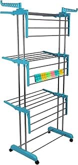 LIVINGBASICS Cloth Drying Stand Stainless Steel & ABS 3 Tier/Layer Foldable Clothes Dryer Rack/Folding Laundry Dry Stands with Wheel for Home/Indoor/Outdoor/Balcony (Cyan Blue + Rod Clips)