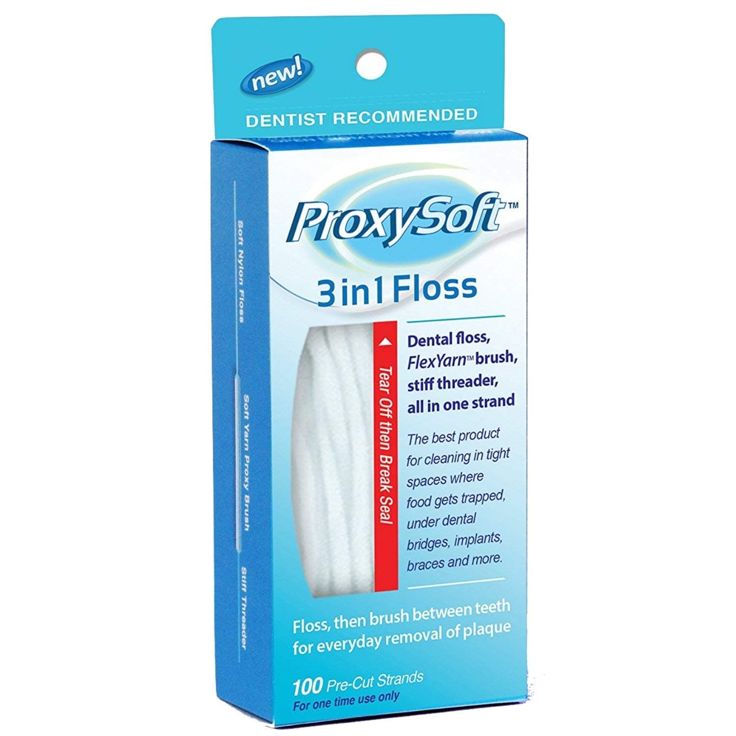 ProxySoft Dental Floss for Optimal Teeth Flossing vs Traditional Flossing, Pre-Cut Floss Threaders for Flossing with Built-in Soft Proxy Brush and Stiff Threader, 1 Pack of 3-in-1 Dental Floss by