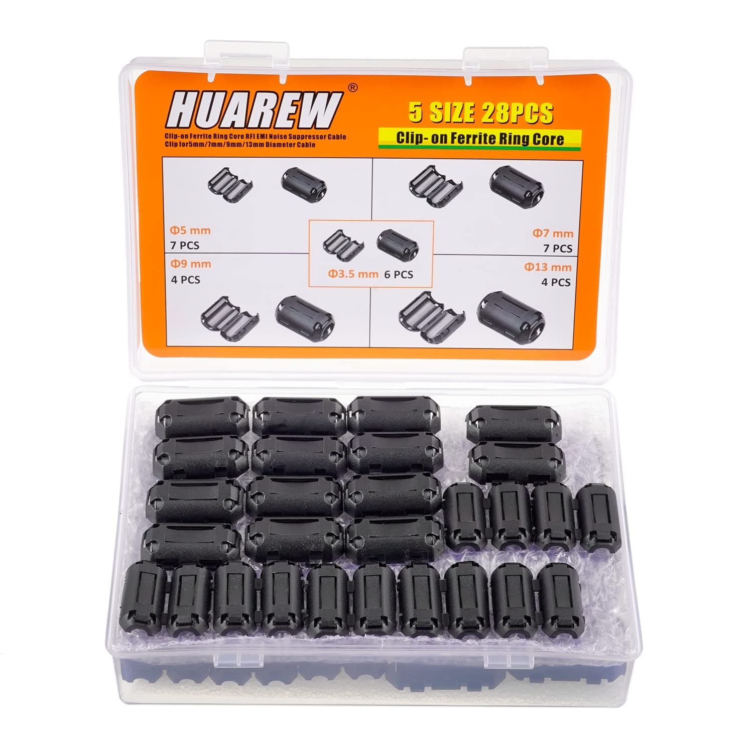 5 Values 28 Pcs Black Clip-on Ferrite Ring Core RFI EMI Noise Suppressor Cable Clip for 3.5mm 5mm 7mm 9mm 13mm Diameter Cable