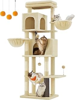 Feandrea Large Cat Tree, 175 cm Tall Cat Tower, Multi-Level Cat Condo with 2 Caves, 2 Baskets, 5 Scratching Posts, Self-Groomer, Perch, Hammock, for Indoor Cats, Sand Beige PCT182Y01The Forest Stewardship Council