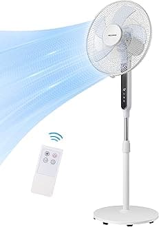 PELONIS 16" Oscillating Pedestal Stand Up Fan | Adjustable Height | Ultra Quiet DC Motor | Remote Control | 12 Speed | 12-Hour Timer | High Energy Efficiency | for Bedroom Home Office Use | White