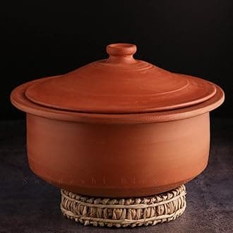Swadeshi Blessings Exclusive Range Unglazed Clay Pot for Cooking & Serving with Lid/Earthen Kadai/Mud Handi/Mitti Ke Bartan (with Mirror Shine) + Free ASH for Cleaning (5.5 Liters)