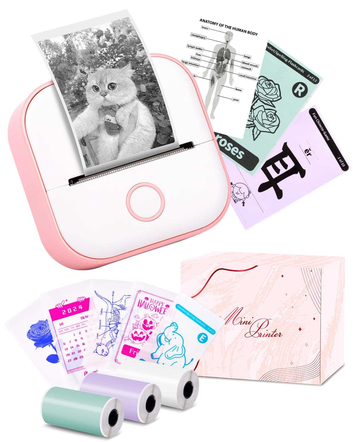 Memoking Mini Sticker Printer T02 Small Thermal Printer for Phone, Portable Wireless Note Printer with 3 Rolls Paper for Children’s Day Birthday, Compatible with iOS & Android, Pink