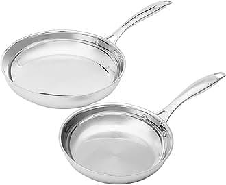 2-Piece Stainless Steel Induction Frying Pan Set, Oven Safe, Riveted Handle, Heat Distributes Evenly, 8-inch & 10-inch, Silver