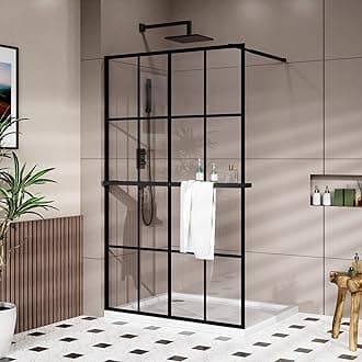 Goodyo 46" x 72" Shower Glass Door Tempered Glass Shower Screen with Towel Rack Tool Bar for Walk in Bathroom, 16-Grid Modern Desigh, Matte Black Finish