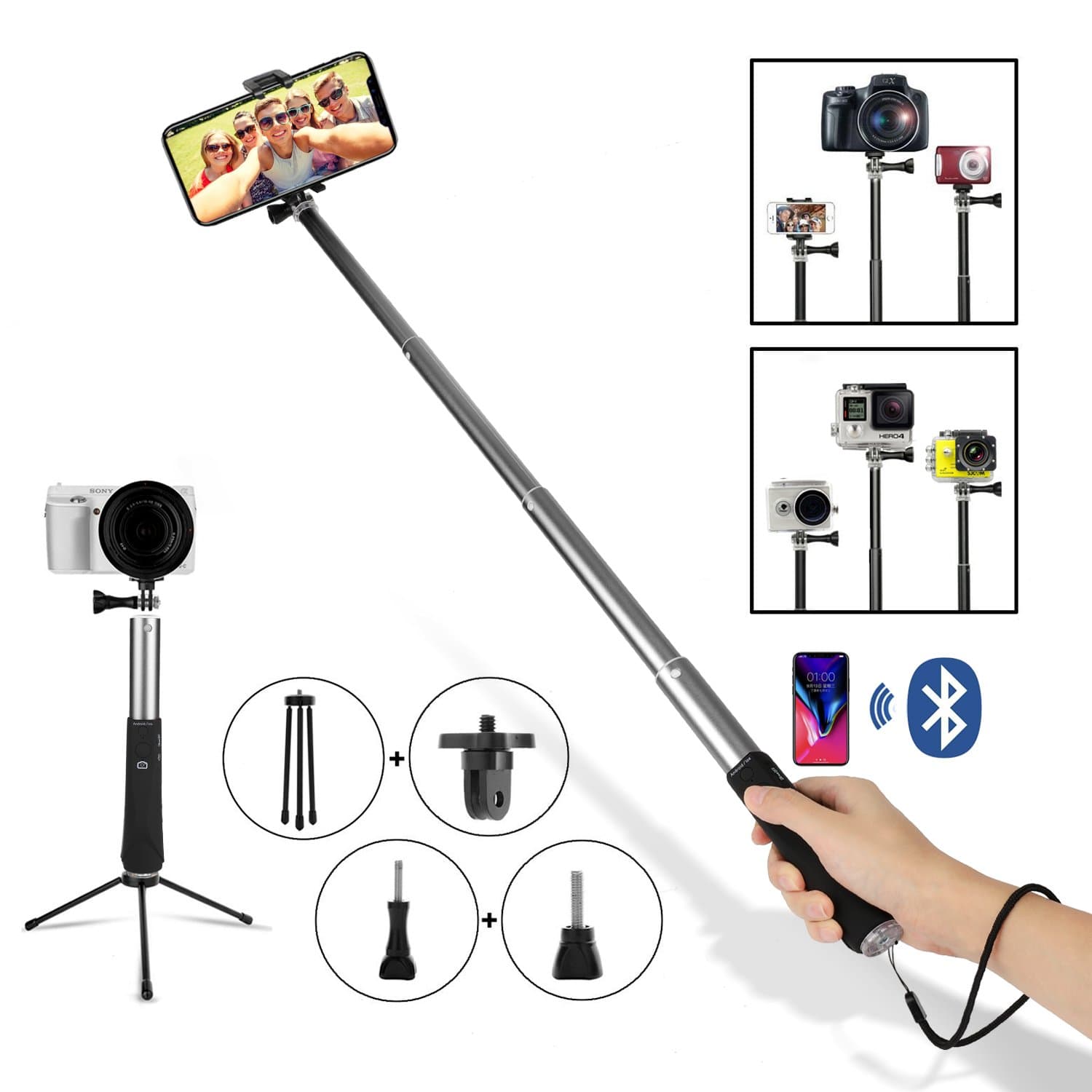 ANKKA Bluetooth Selfie Stick Extendable Monopod Handheld Built-in Remote Control Wireless Shutter for Travels, Family Entertainment, Friends Photos-Compatible With Android 2.3 and ios 4 above Silver