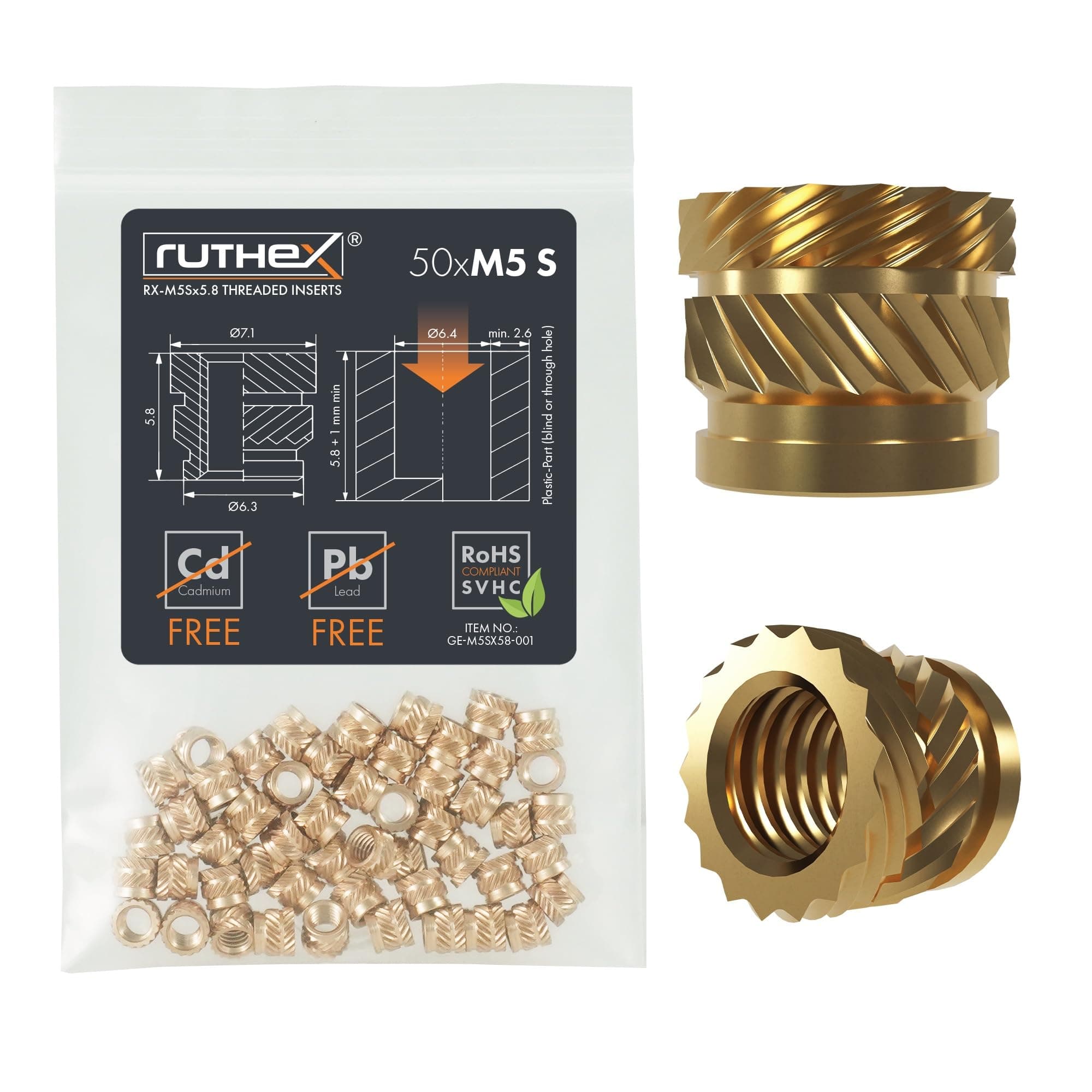 M5 Threaded Inserts Short - 50 Pieces RX-M5Sx5.8 Brass Heat Set Insert for Plastic Parts - Metric knurled Nuts - Insert by Heat into 3D Printing Components