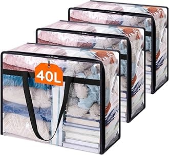 Lifewit 3 Pack Clear Plastic Storage Bags, 40L Foldable Clothes Storage Boxes Wardrobe Storage Organizer Moving Bags with Reinforced Handle for Loft Wardrobe for Bedding Clothes Blanket Duvet