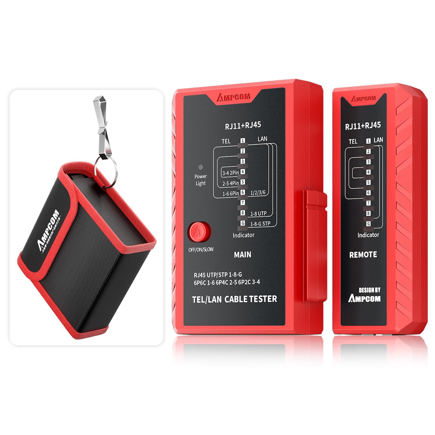 AMPCOM Network Cable Tester RJ45 for LAN & TEL Continuity of RJ45/11/12 CAT5E CAT6 CAT7 UTP & STP Shielded Ethernet Wires Test Tool - W/Carrying Bag - Red