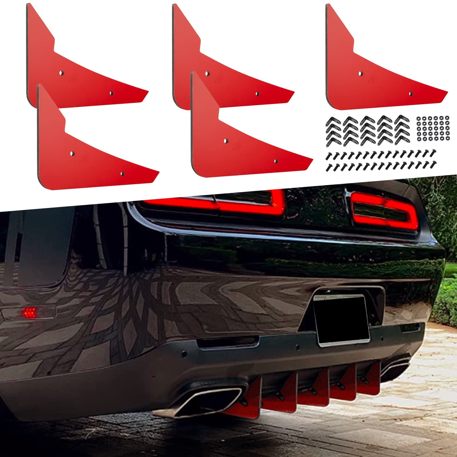 Rear Diffuser V3 5 Fins Set For Dodge Challenger 2015-2024 Stock Rear Bumper, Red Rear Bumper Diffuser Shark Fins