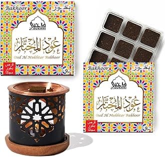 Oud Al Mukhtar Bakhoor Set عود بخور و مبخرشمعدان by Dukhni | 2 x 9 Piece Each & Oriental Bakhoor Burner | Arabic Bakhoor Incense | Floral Oud Blend | Perfect for Prayer Time | to Relax & Meditate