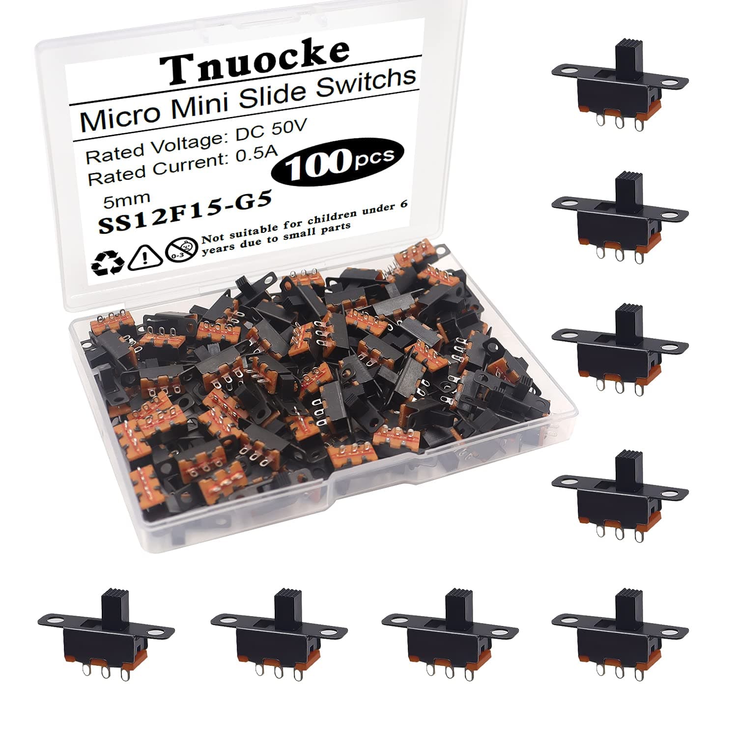 100PCS 5mm High Knob Vertical Micro Mini Slide Switchs,3 Pin 2 Position SPDT Latching Toggle Switches Panel Mount DC 50V 0.5A SS12F15-G5