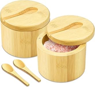Flexzion Bamboo Salt Cellar with Lid and Spoon - Salt and Pepper Containers for Paprika, Herbs, Spice, Sugar - Bamboo Pepper Jar Storage Box Holder w/Magnetic Swivel Lid for Kitchen, 6 oz (Set of 2)