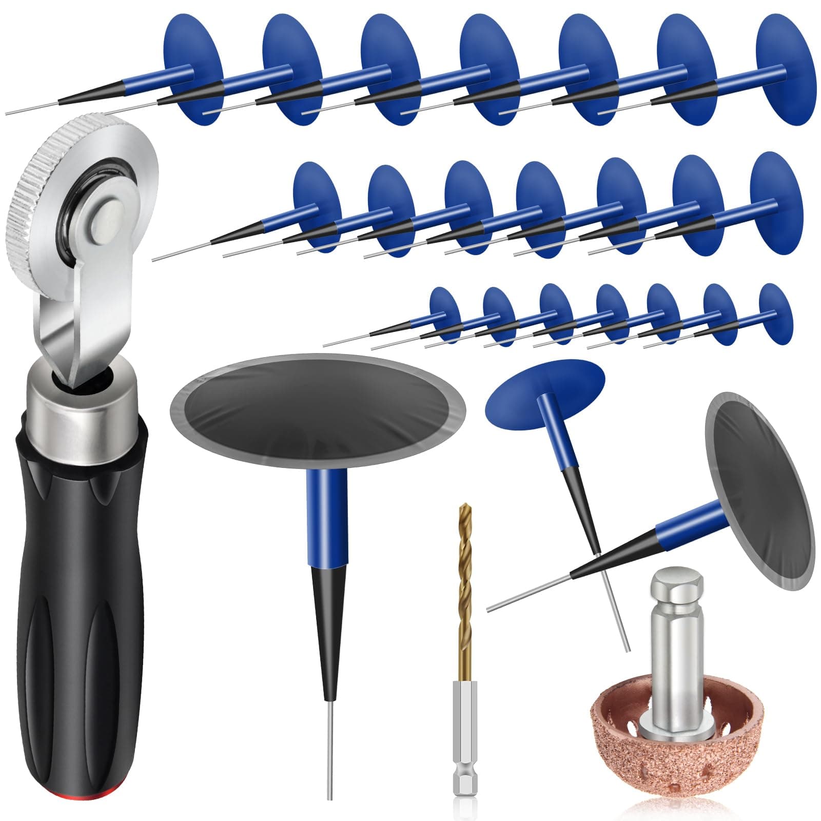 24+3PCS Tire Patch Kit, 24PCS Tire Repair Patch Plug Tool (36/46 / 60 mm)/ Patch Roller Tool/Repair Buffing Wheel/Hex Shank Drill Bit