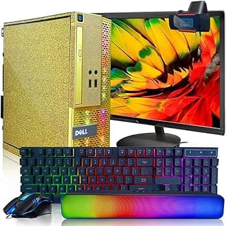 Dell Gold Treasure Box Desktop PC Computer, Intel Core i5 up to 3.6G, 16G, 512G SSD, WiFi, Bluetooth, DVD, New 22'' 1080 FHD LED, RGB Sound Bar, Webcam, Win 11 Pro (Renewed)